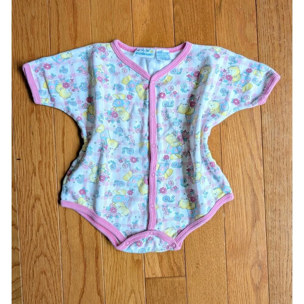 Vintage 80s Miniwear Baby Teddy Bear One Piece Button Up Bubble Size Lounge Suit